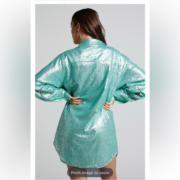 SHOWPO CALLY MINI DRESS - OVERSIZED SHIRT DRESS IN AQUA SEQUIN - Picture 4 of 7